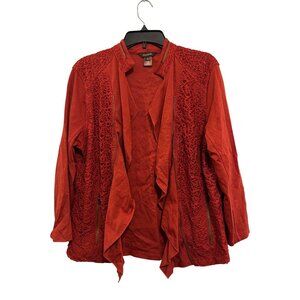 Multiples Crocheted Overlay Open Cardigan Womens L Red Stretch Long Sleeve Light